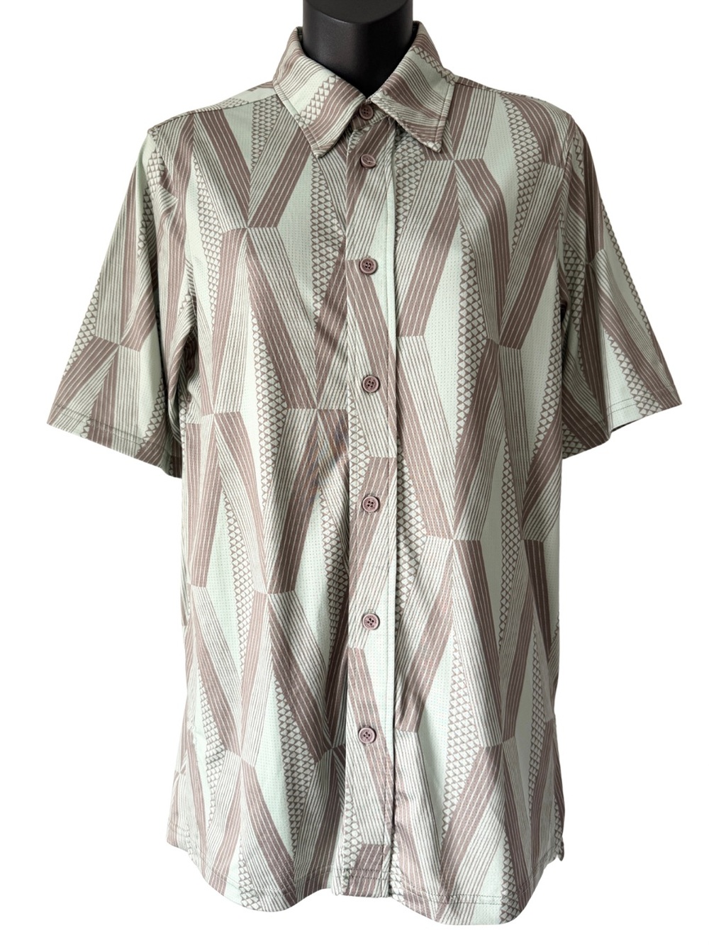 Manaola Short Sleeve Button Up Shirt Mens XS Green Gray Stretch Hawaiian Tribal